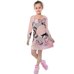 Wonderful Mandala Moon With Wolf Kids  Long Sleeve Velvet Dress by FantasyWorld7