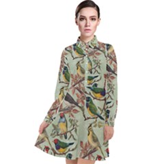 Vintage Birds Long Sleeve Chiffon Shirt Dress