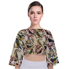 Vintage Birds Tie Back Butterfly Sleeve Chiffon Top