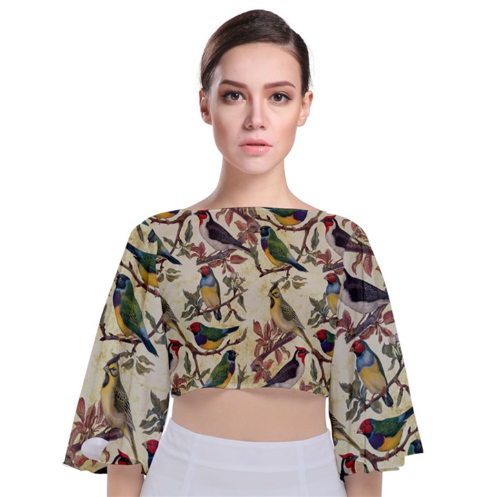 Vintage Birds Tie Back Butterfly Sleeve Chiffon Top