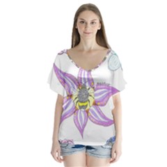 Flower And Insects V-neck Flutter Sleeve Top by okhismakingart