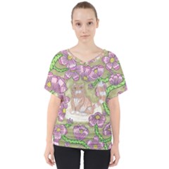 Fluffy Cat In A Garden  V-neck Dolman Drape Top by okhismakingart