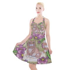 Fluffy Cat In A Garden  Halter Party Swing Dress  by okhismakingart