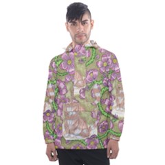 Fluffy Cat In A Garden  Men s Front Pocket Pullover Windbreaker by okhismakingart