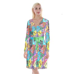 Stained Glass Flowers  Long Sleeve Velvet Front Wrap Dress by okhismakingart