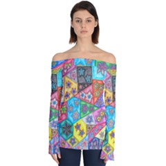 Stained Glass Flowers  Off Shoulder Long Sleeve Top by okhismakingart