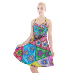 Stained Glass Flowers  Halter Party Swing Dress  by okhismakingart