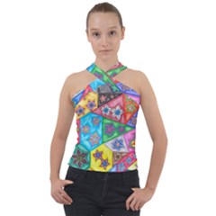 Stained Glass Flowers  Cross Neck Velour Top