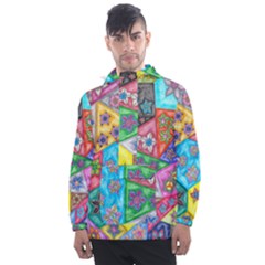 Stained Glass Flowers  Men s Front Pocket Pullover Windbreaker by okhismakingart