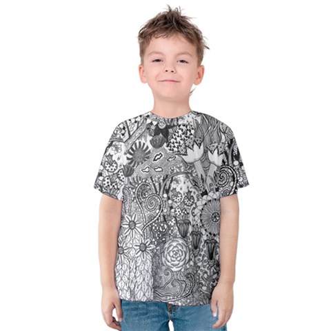 Floral Jungle Black And White Kids  Cotton Tee by okhismakingart