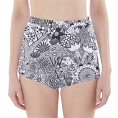 Floral Jungle Black And White High-waisted Bikini Bottoms