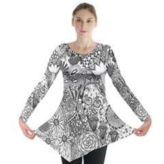 Floral Jungle Black And White Long Sleeve Tunic  by okhismakingart