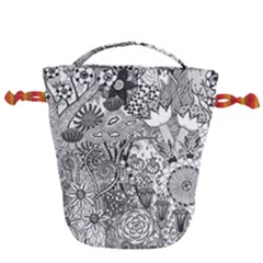 Floral Jungle Black And White Drawstring Bucket Bag by okhismakingart