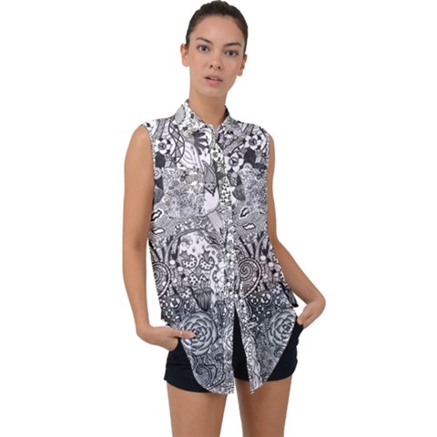 Floral Jungle Black And White Sleeveless Chiffon Button Shirt by okhismakingart