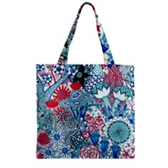 Floral Jungle Blue Zipper Grocery Tote Bag by okhismakingart