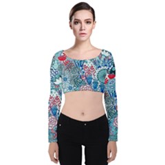 Floral Jungle Blue Velvet Long Sleeve Crop Top by okhismakingart