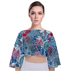 Floral Jungle Blue Tie Back Butterfly Sleeve Chiffon Top by okhismakingart