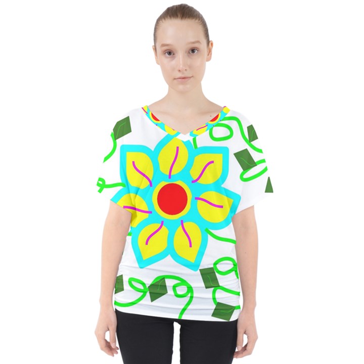 Digital Flower V-Neck Dolman Drape Top