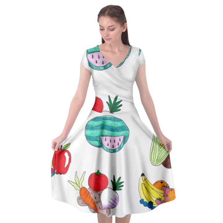 Fruits Veggies Cap Sleeve Wrap Front Dress