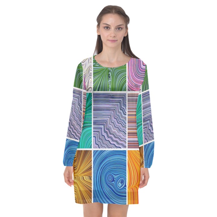 Electric Field Art Collage I Long Sleeve Chiffon Shift Dress 