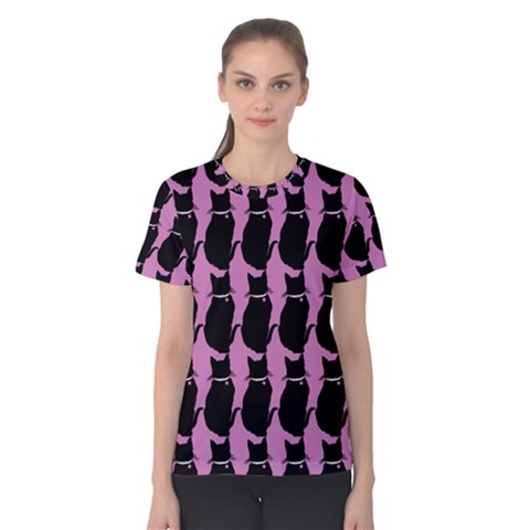 Cat Silouette Pattern Pink Women s Cotton Tee by snowwhitegirl