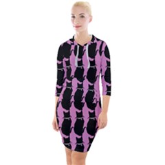 Cat Silouette Pattern Pink Quarter Sleeve Hood Bodycon Dress