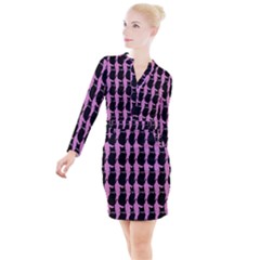 Cat Silouette Pattern Pink Button Long Sleeve Dress