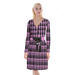 Cat Silouette Pattern Pink Long Sleeve Velvet Front Wrap Dress by snowwhitegirl