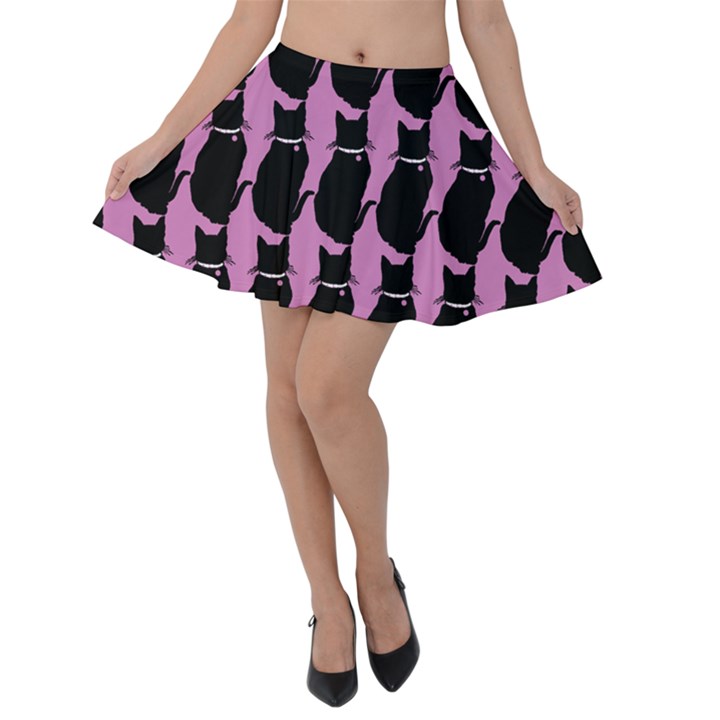 Cat Silouette Pattern Pink Velvet Skater Skirt