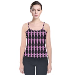 Cat Silouette Pattern Pink Velvet Spaghetti Strap Top