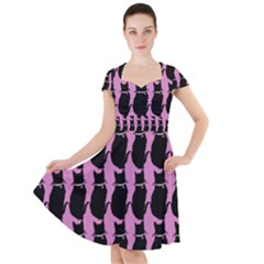 Cat Silouette Pattern Pink Cap Sleeve Midi Dress