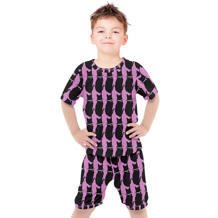 Cat Silouette Pattern Pink Kids  Tee and Shorts Set