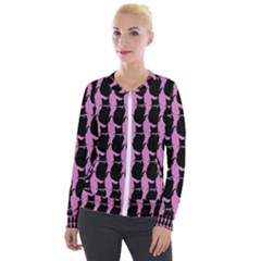 Cat Silouette Pattern Pink Velour Zip Up Jacket