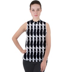 Cat Silouette Pattern Mock Neck Chiffon Sleeveless Top