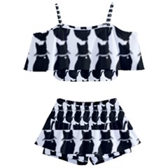 Cat Silouette Pattern Kids  Off Shoulder Skirt Bikini