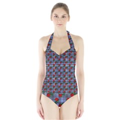 Roses Blue Plaid Halter Swimsuit by snowwhitegirl