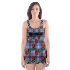 Roses Blue Plaid Skater Dress Swimsuit by snowwhitegirl