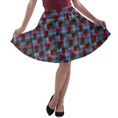 Roses Blue Plaid A-line Skater Skirt by snowwhitegirl