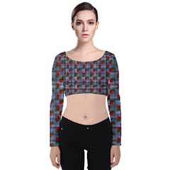 Roses Blue Plaid Velvet Long Sleeve Crop Top