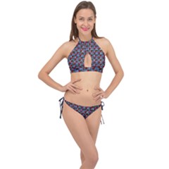 Roses Blue Plaid Cross Front Halter Bikini Set