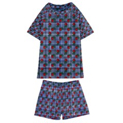 Roses Blue Plaid Kids  Swim Tee And Shorts Set