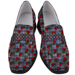 Roses Blue Plaid Women s Chunky Heel Loafers