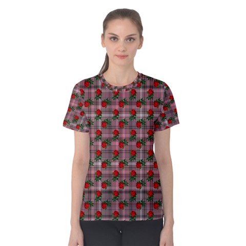 Roses Pink Plaid Women s Cotton Tee by snowwhitegirl