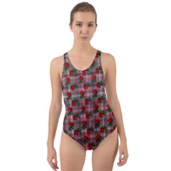 Roses Pink Plaid Cut-out Back One Piece Swimsuit by snowwhitegirl