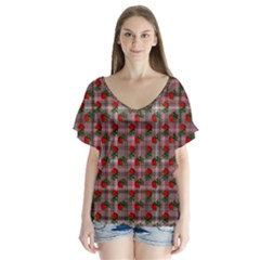 Roses Pink Plaid V-neck Flutter Sleeve Top by snowwhitegirl