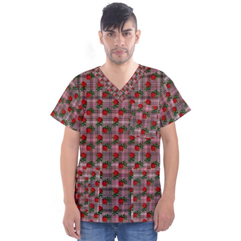 Roses Pink Plaid Men s V-neck Scrub Top by snowwhitegirl