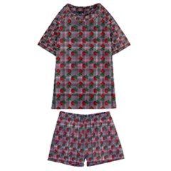 Roses Pink Plaid Kids  Swim Tee And Shorts Set