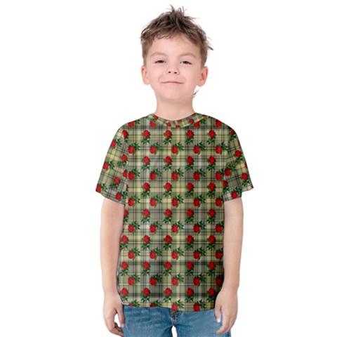 Roses Yellow Plaid Kids  Cotton Tee by snowwhitegirl