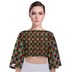 Roses Yellow Plaid Tie Back Butterfly Sleeve Chiffon Top