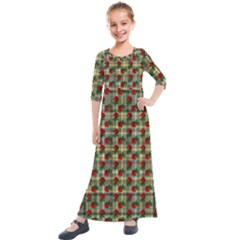 Roses Yellow Plaid Kids  Quarter Sleeve Maxi Dress